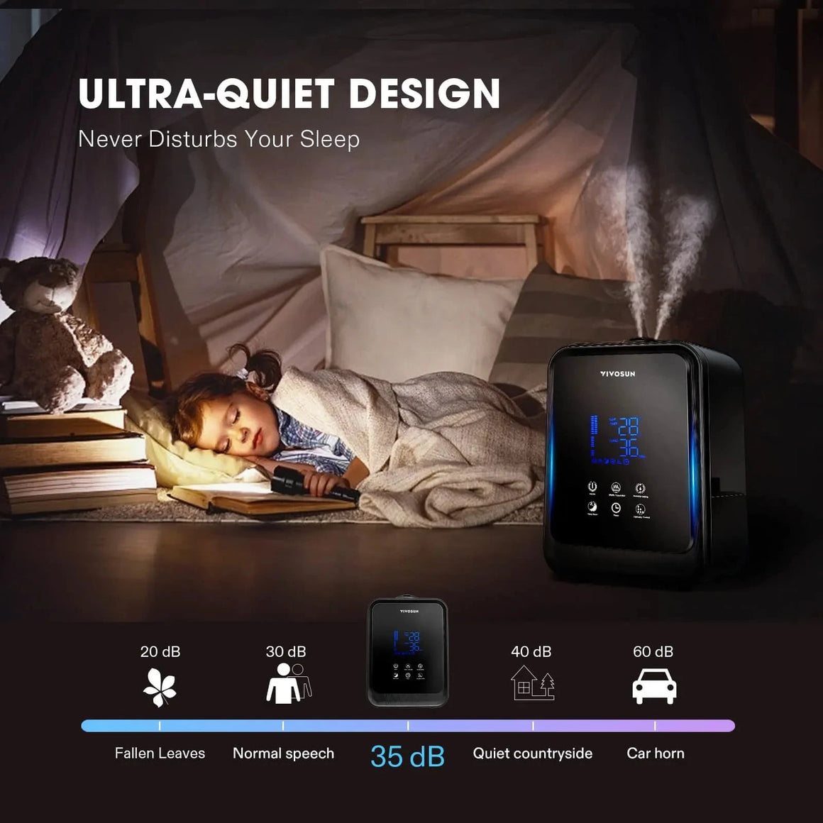 VIVOSUN 4.5L 2-in-1 Cool/Warm Mist Humidifier operating quietly at 35 dB next to a sleeping child.