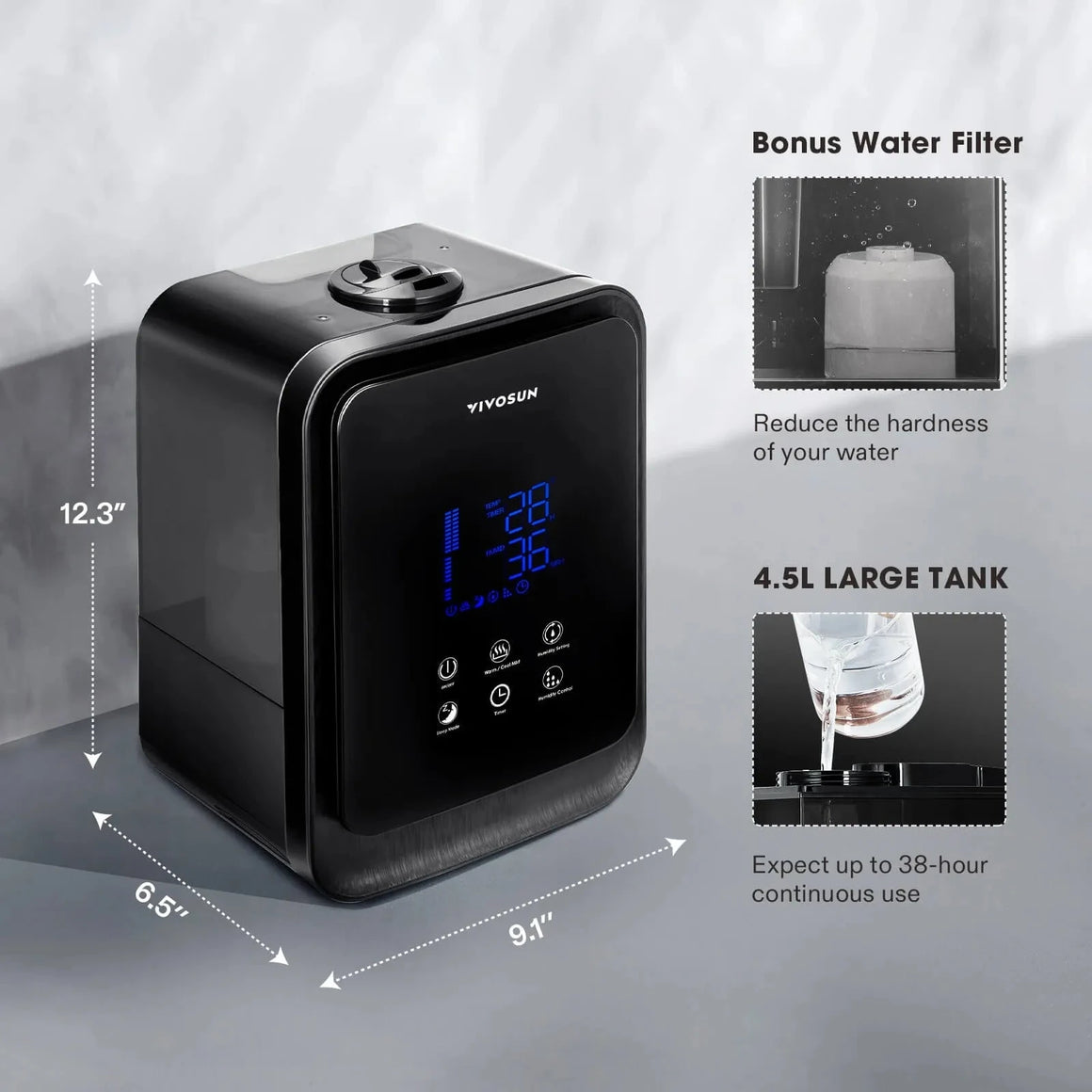 Black VIVOSUN humidifier with dimensions 12.3x6.5x9.1 inches, a 4.5L tank, and bonus water filter for up to 38-hour use.