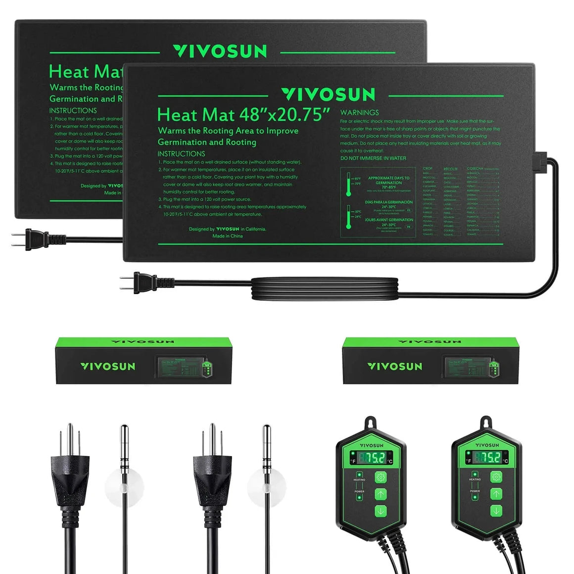 VIVOSUN 48x20.75 digital thermostat seedling heat mat 2-pack with probes and digital temperature displays.