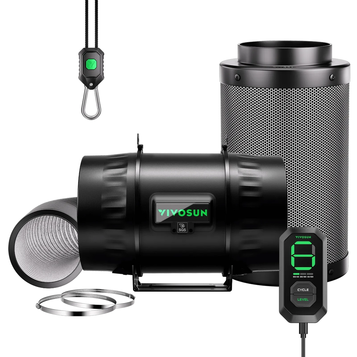 VIVOSUN AeroZesh T88 inline fan, E12 speed controller, carbon filter, flexible duct, clamps, and hanger, all in black.