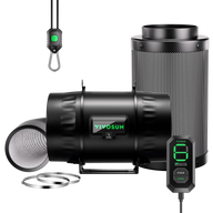 VIVOSUN AeroZesh T88 inline fan, E12 speed controller, carbon filter, flexible duct, clamps, and hanger, all in black.