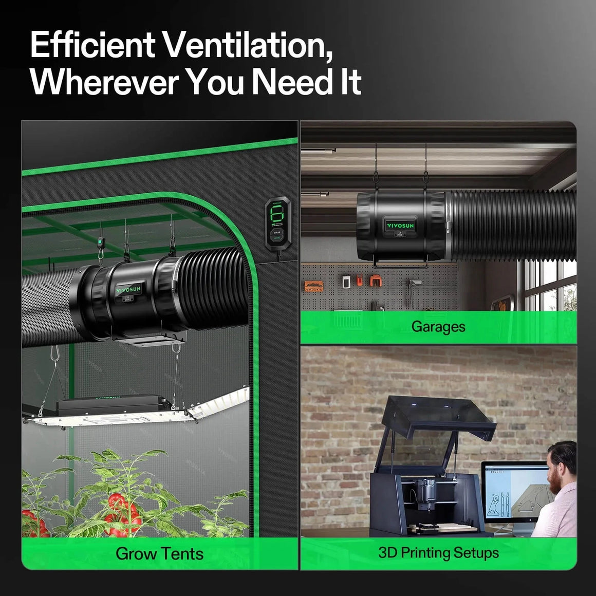 VIVOSUN Aero Zesh T88 inline fan & E12 controller in grow tent, garage, and 3D printing setups.