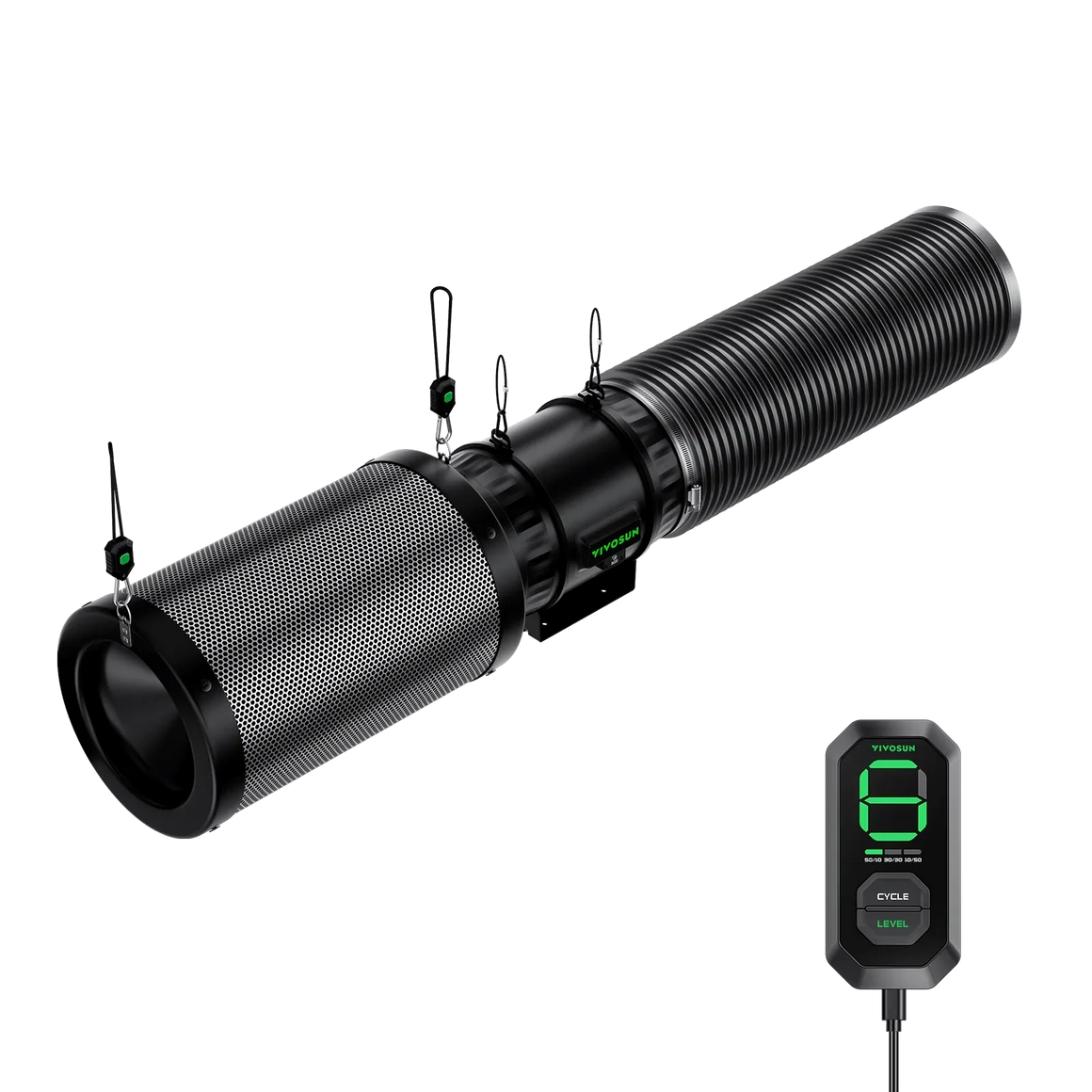 VIVOSUN Aero Zesh T88 inline fan & carbon filter with ribbed duct, suspended. E12 speed controller shows green '8'.