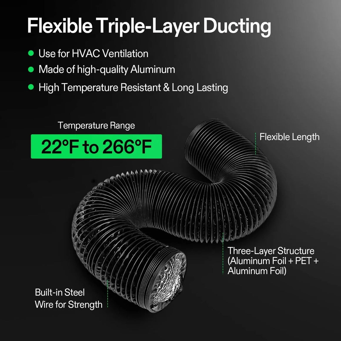 Close-up of black flexible triple-layer HVAC ducting with built-in steel wire and aluminum foil structure, showing temperature range.