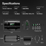 VIVOSUN 8-inch inline duct fan, carbon air filter, flexible ducting, digital controller, hanging hooks, and specs.
