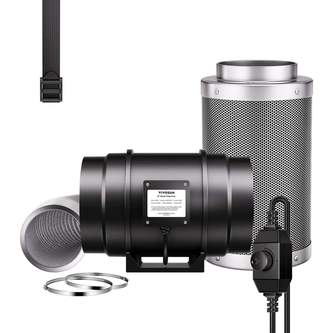 VIVOSUN 8-inch inline fan, carbon filter, speed controller, ducting, and straps for air filtration system.