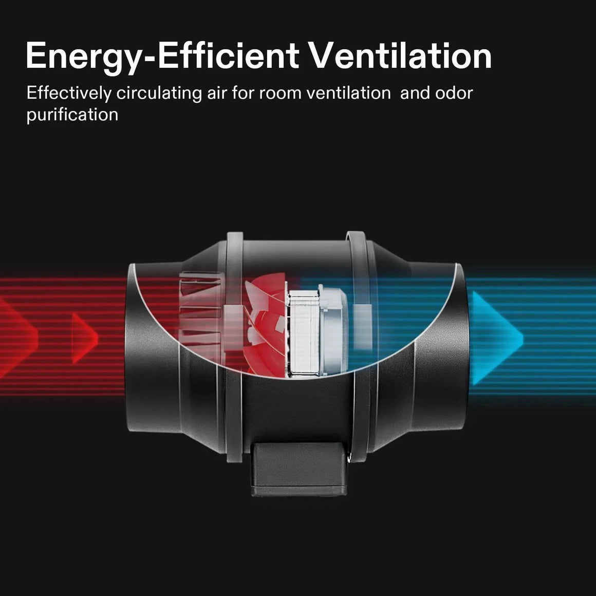 Black inline fan with red blades showing red intake and blue exhaust airflow for energy-efficient room ventilation and odor purification.