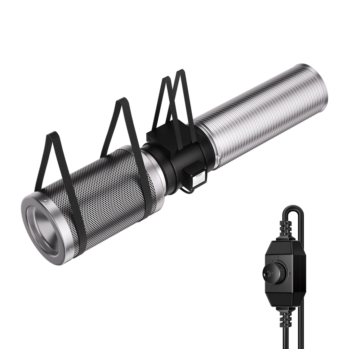 VIVOSUN Air Filtration Kit: inline fan, carbon filter, flexible ducting, and variable speed controller against black.