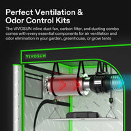 VIVOSUN air filtration kit: inline duct fan, carbon filter, variable speed controller, in a grow tent for ventilation.