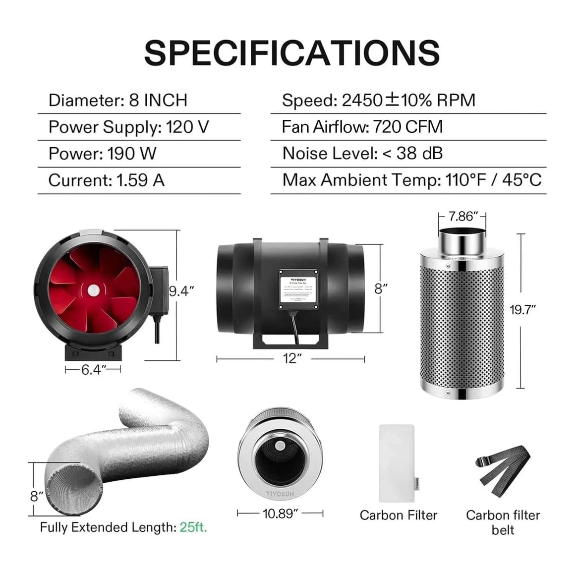 VIVOSUN 8-inch inline fan air filtration kit specifications, showing fan, carbon filter, ducting, and accessories with dimensions.