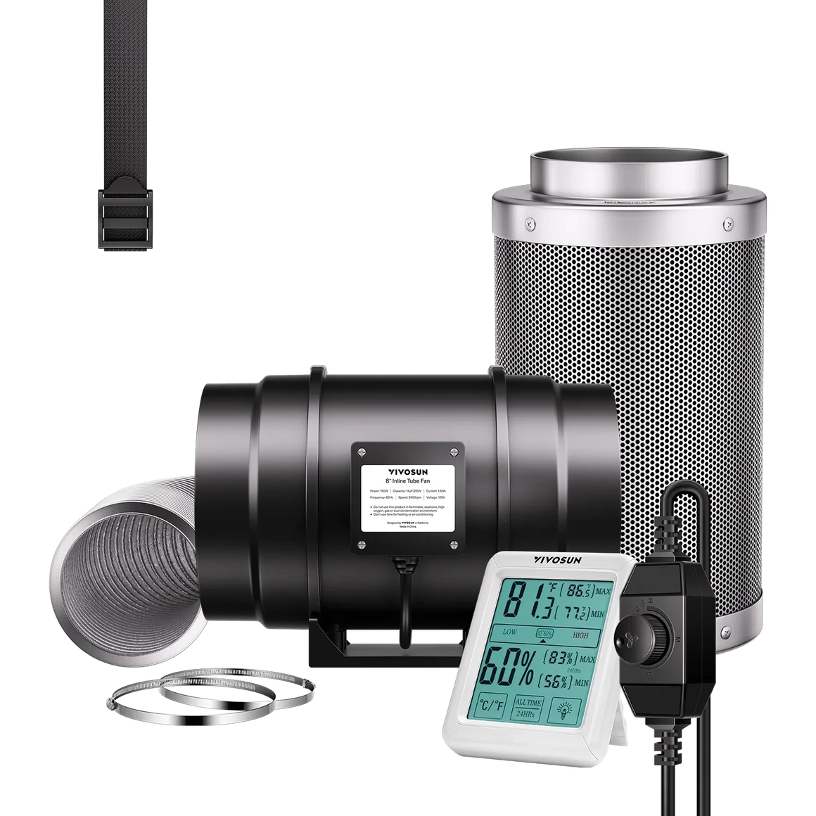 VIVOSUN 8" inline fan and carbon filter air filtration kit with ducting, clamps, digital thermometer, speed controller.