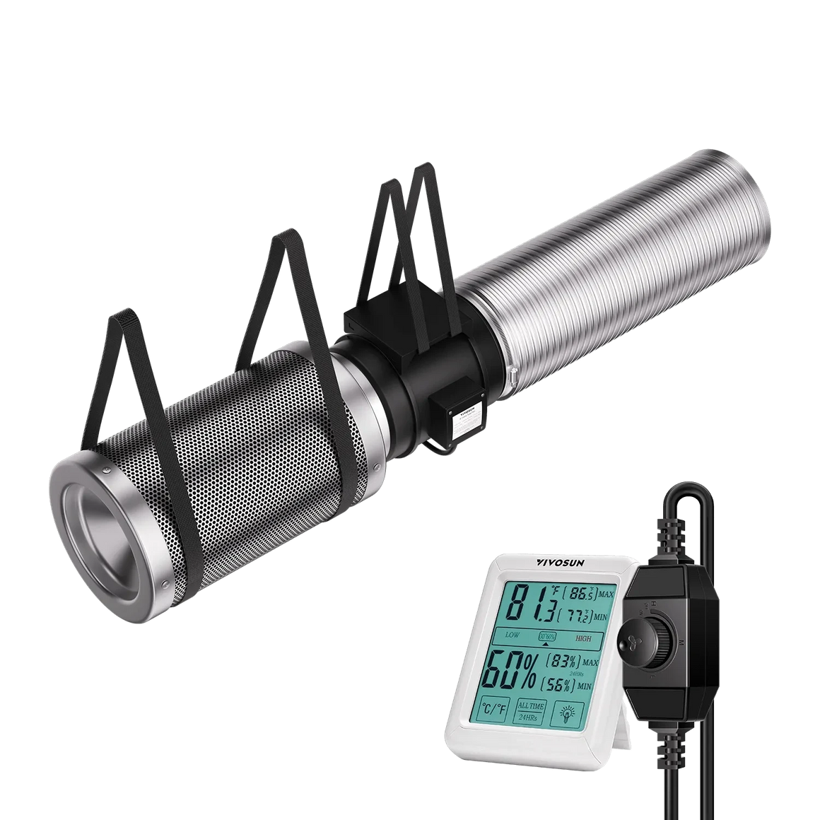 VIVOSUN grow tent air filtration kit: inline fan, carbon filter, flexible ducting, thermometer & speed controller.
