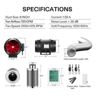 VIVOSUN 8-inch air filtration kit with inline fan, carbon filter, flexible duct, digital thermometer, specifications, and dimensions.