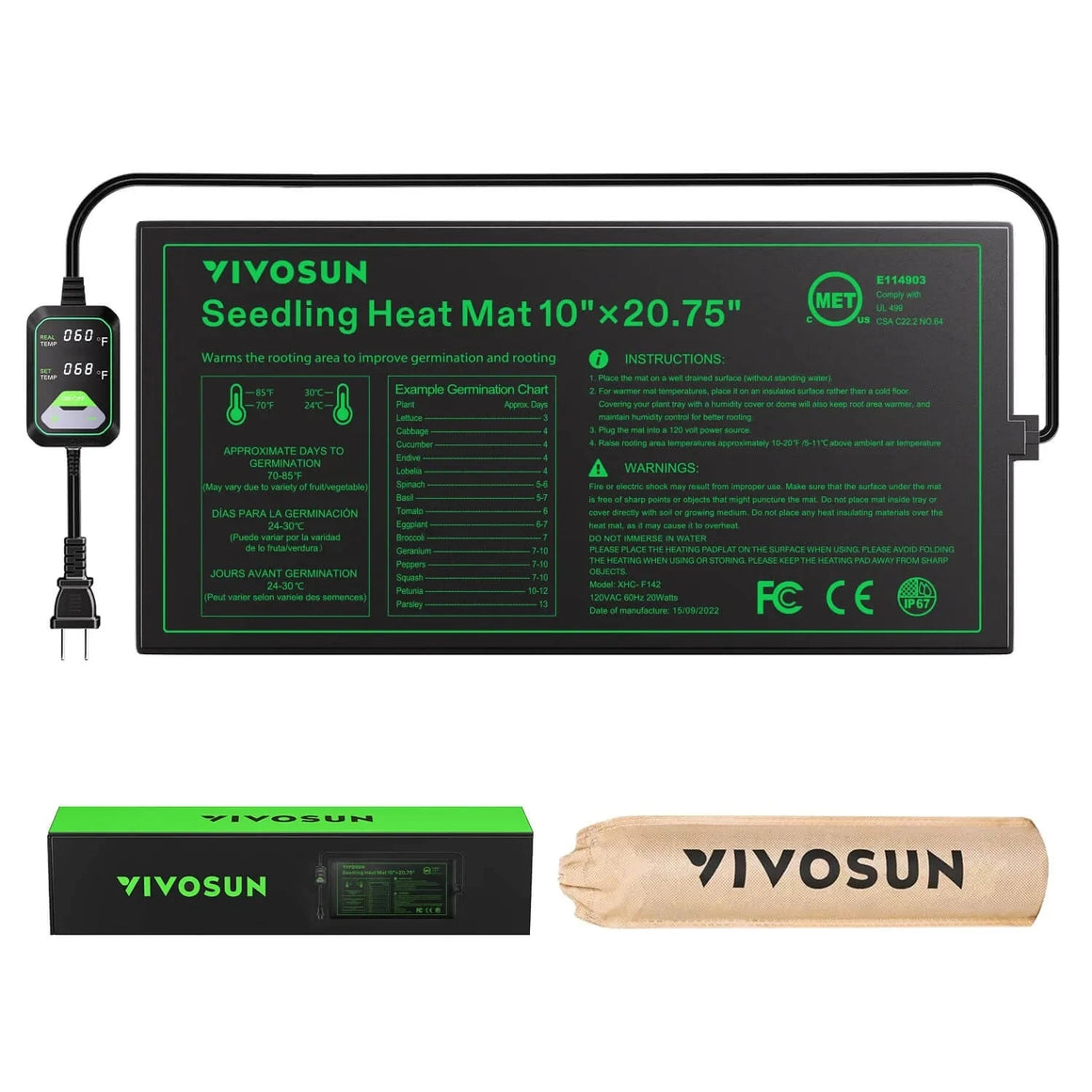 VIVOSUN 10x20.75" green & black seedling heat mat with dual digital thermostat showing 60°F real and 68°F set temp.