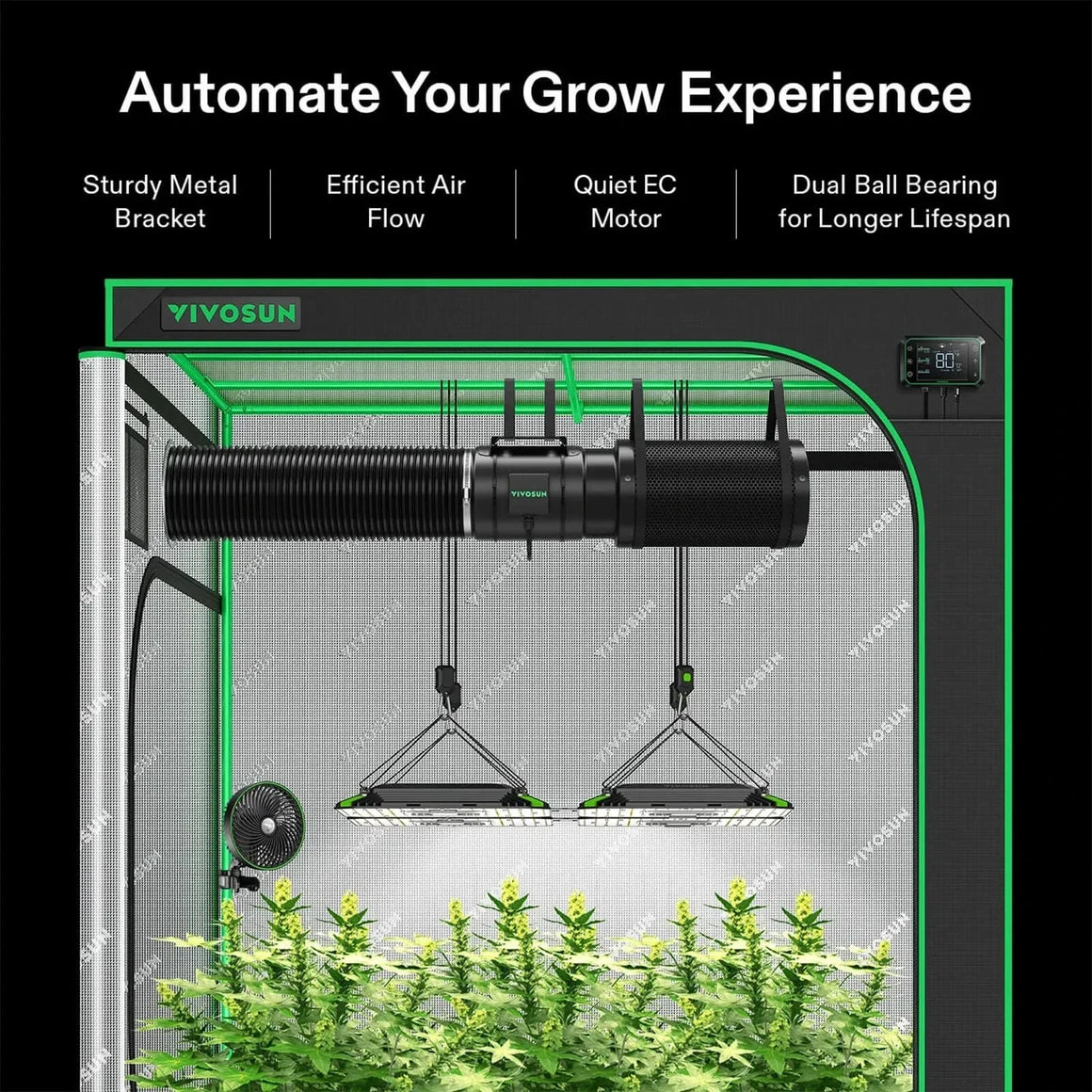 VIVOSUN smart grow tent with plants, automated inline fan, carbon filter, LED lights & digital controller.
