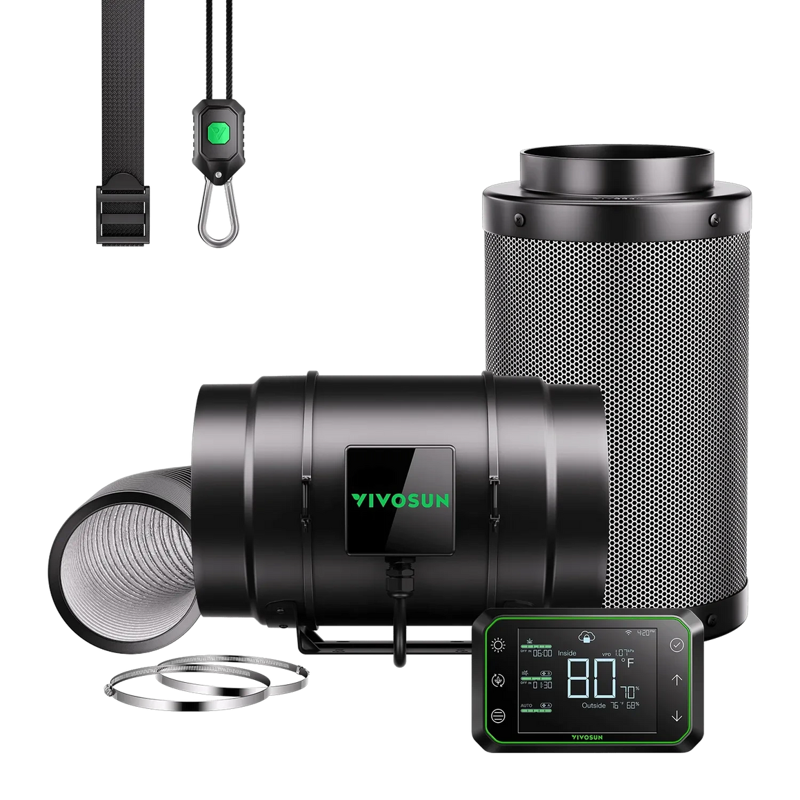 VIVOSUN Smart Air Filtration Kit Pro 8: AeroZesh G8 inline fan, carbon filter, duct, and E42A digital controller.