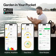 Man controls VIVOSUN GrowHub E42 smart garden app. Shows light intensity, spectrum, timers, temperature, humidity, VPD data.