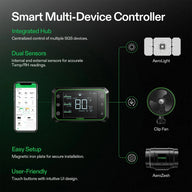 VIVOSUN smart multi-device controller hub managing an AeroLight, clip fan, and AeroZesh inline fan via display and app.