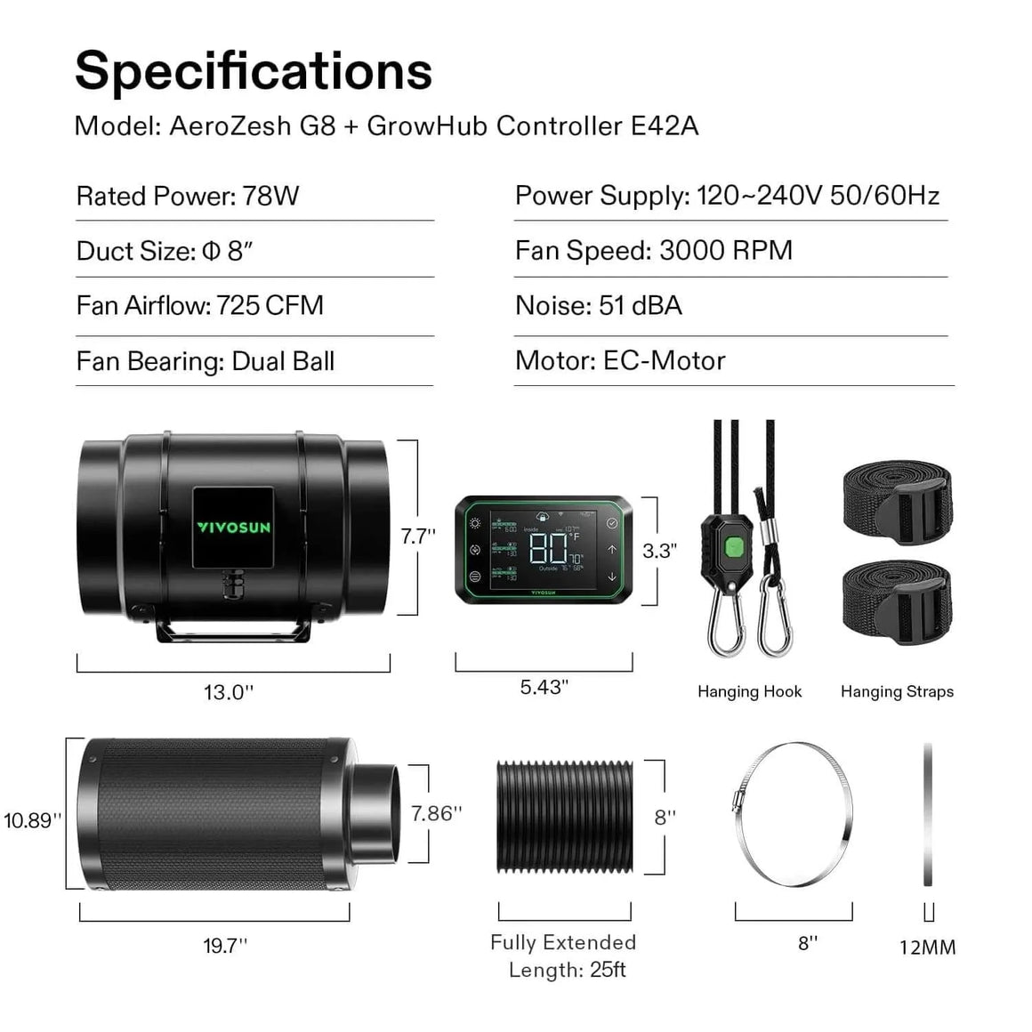VIVOSUN AeroZesh G8 inline fan kit with E42A controller, carbon filter, ducting; showing specs and dimensions.
