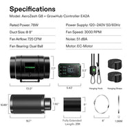 VIVOSUN AeroZesh G8 inline fan kit with E42A controller, carbon filter, ducting; showing specs and dimensions.