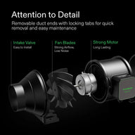 VIVOSUN AeroZesh Smart Air Filtration Kit duct fan exploded view: intake, fan blades, motor.
