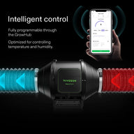 VIVOSUN AeroZesh smart air filtration duct fan, controlled by app, with blue/red airflow for temperature/humidity.