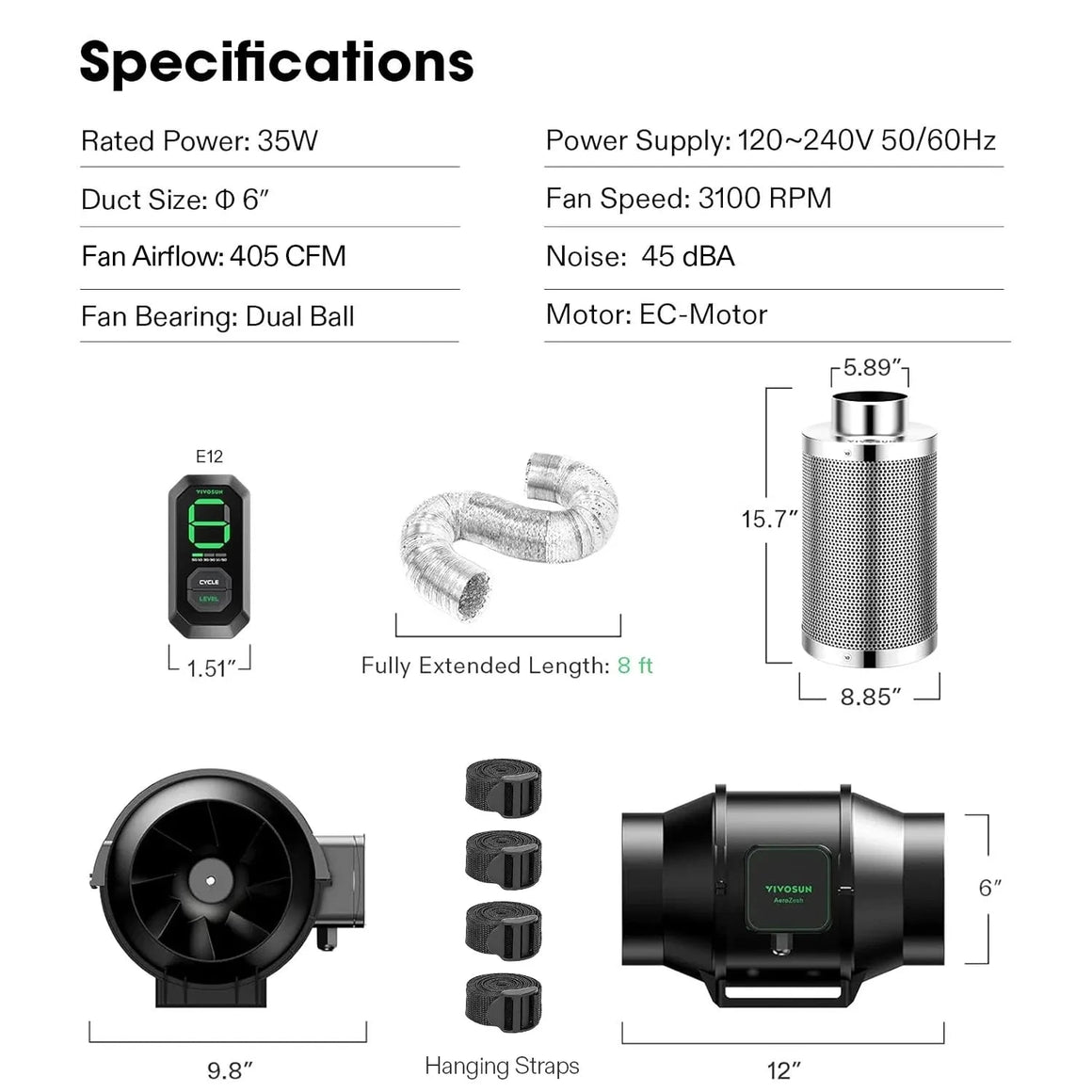 VIVOSUN 6-inch Smart Air Filtration Kit showing specs, inline fan, carbon filter, ducting, digital controller & dimensions.