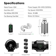VIVOSUN 6-inch Smart Air Filtration Kit showing specs, inline fan, carbon filter, ducting, digital controller & dimensions.