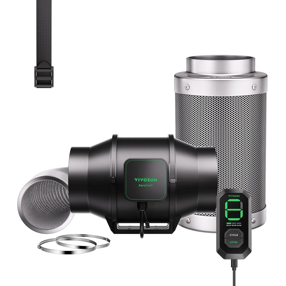 VIVOSUN AeroZesh S6 smart air filtration kit with black inline fan, silver carbon filter, ducting, and digital controller.