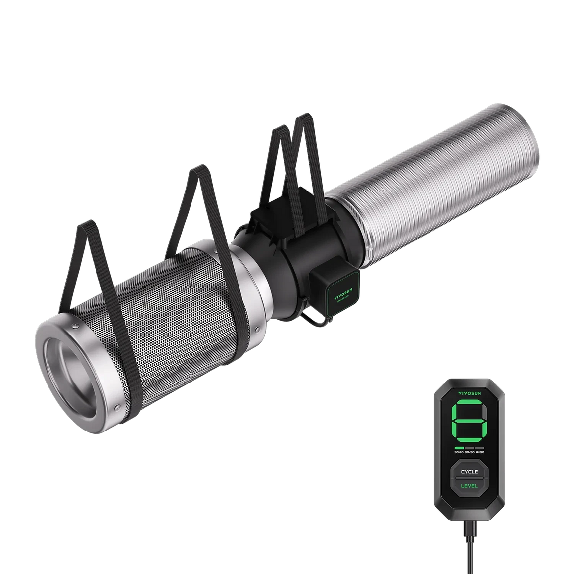 YIYOSUN suspended inline air filter with flexible duct and digital remote. Silver perforated body, black controller.