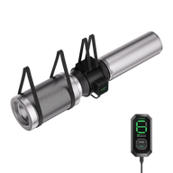 YIYOSUN suspended inline air filter with flexible duct and digital remote. Silver perforated body, black controller.