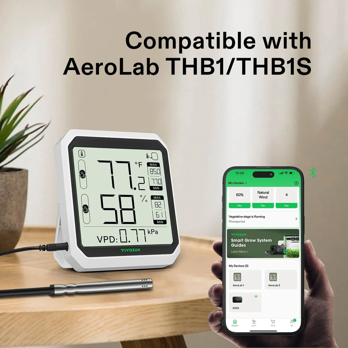 VIVOSUN temperature and humidity sensor with LCD screen displaying 77°F and 58%, connected to smartphone app.