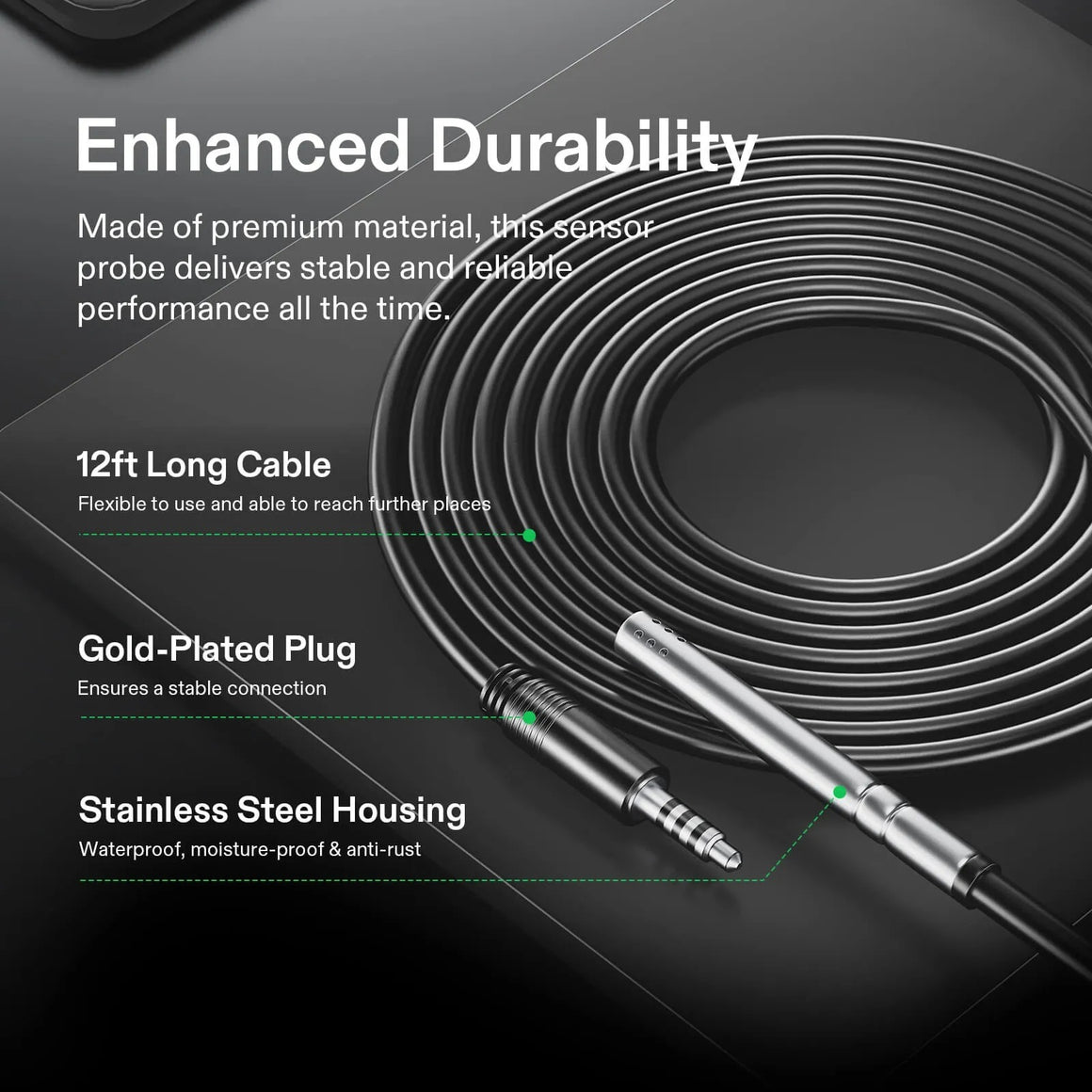 VIVOSUN 12ft temp & humidity sensor probe with gold-plated plug and stainless steel housing.