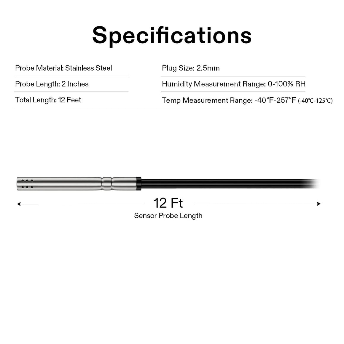 VIVOSUN 12ft temp/humidity sensor probe specs: stainless steel, 2" probe, 12ft total length, 2.5mm plug, 0-100% RH.