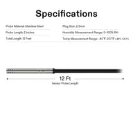 VIVOSUN 12ft temp/humidity sensor probe specs: stainless steel, 2