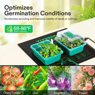VIVOSUN seedling heat mat with starter trays, 68-86°F optimal germination. Shows tomatoes, chili, eggplant, roses.