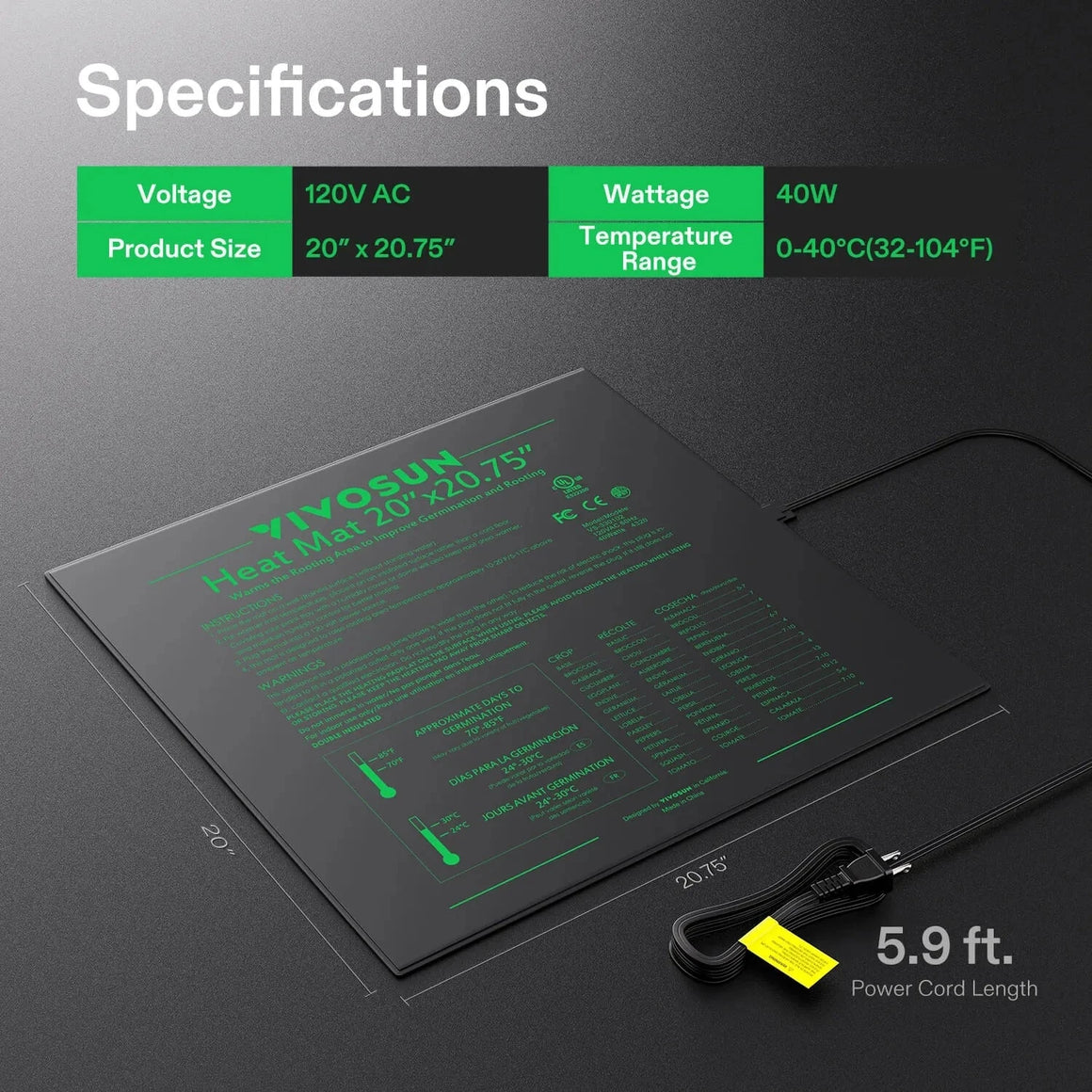 VIVOSUN 20"x20.75" seedling heat mat with specs: 120V AC, 40W, 0-40°C (32-104°F) temp range, 5.9 ft cord.