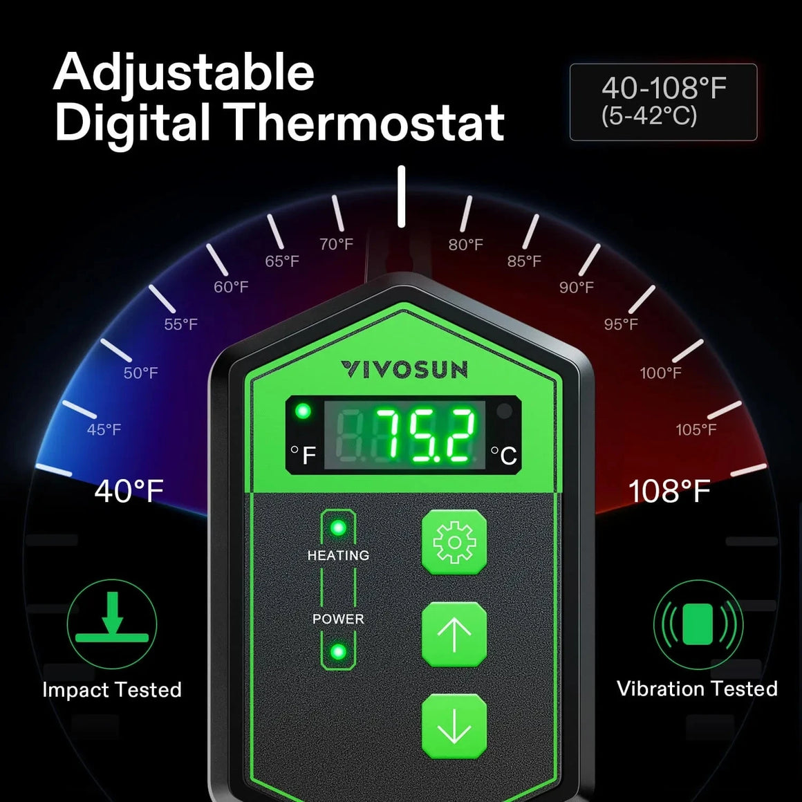 Adjustable VIVOSUN digital thermostat with 87.5°F display, 40-108°F range dial, impact and vibration tested.
