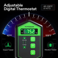 Adjustable VIVOSUN digital thermostat with 87.5°F display, 40-108°F range dial, impact and vibration tested.