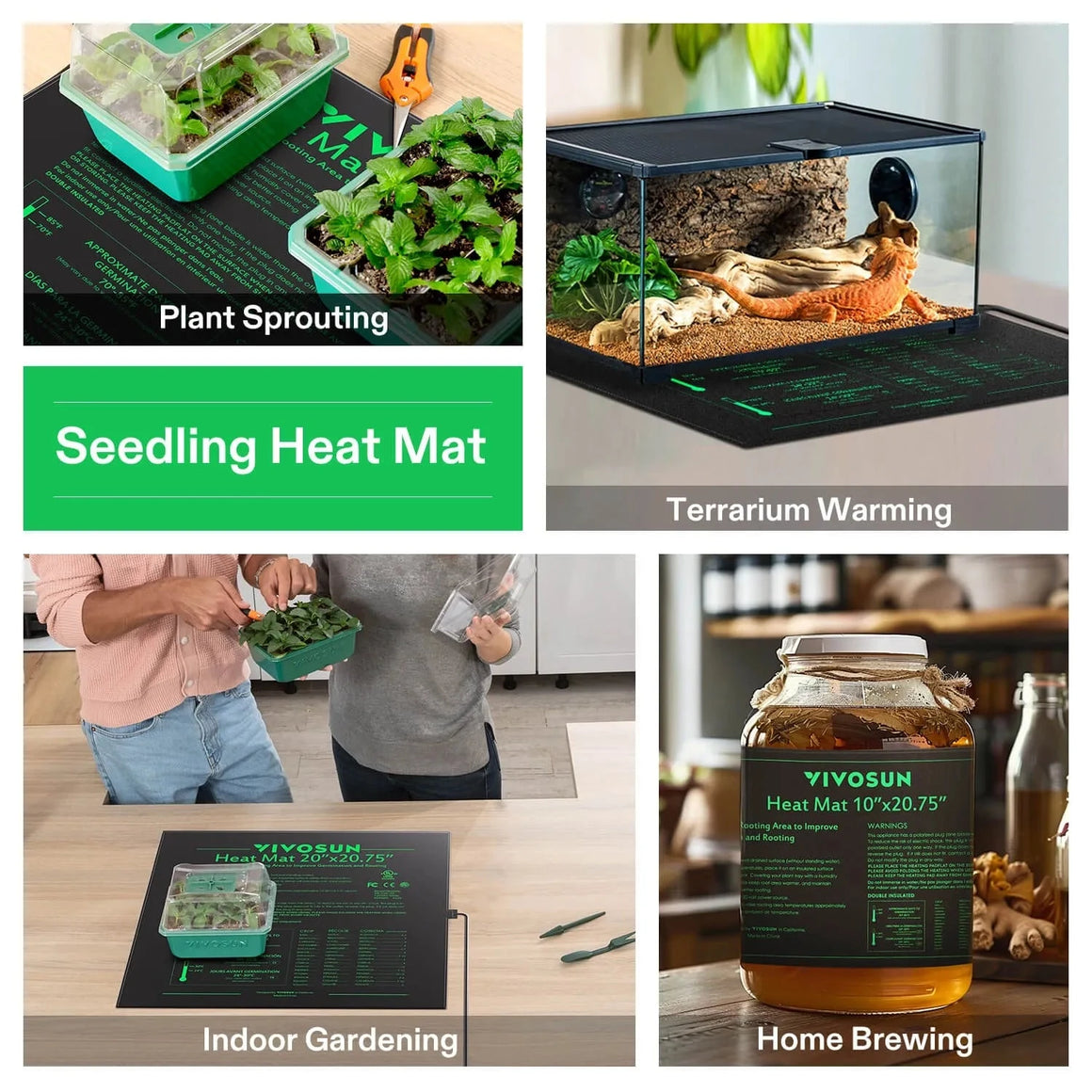 Four scenes showing a VIVOSUN seedling heat mat for plant sprouting, lizard terrarium, indoor gardening, and home brewing.