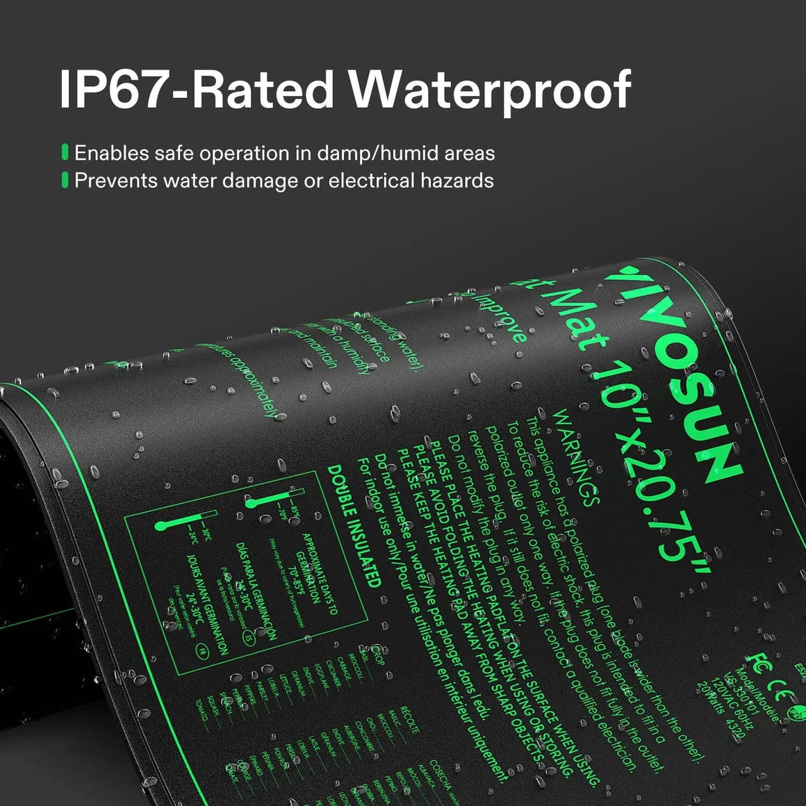 Black VIVOSUN 10x20.75 inch seedling heat mat, IP67 waterproof with water droplets, green text, & germination guide.