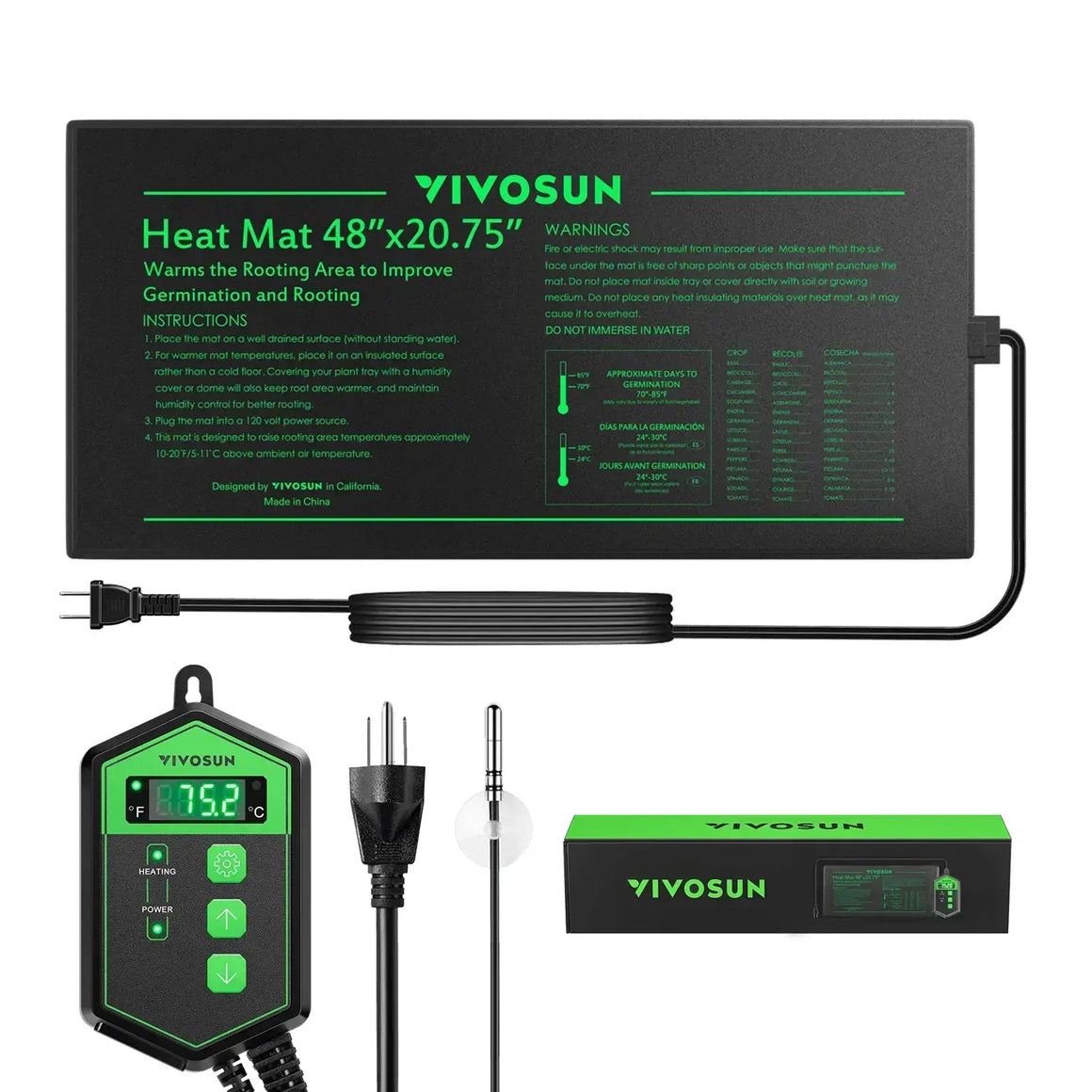 VIVOSUN 48x20.75 seedling heat mat with digital thermostat controller, temperature probe, and power plug.