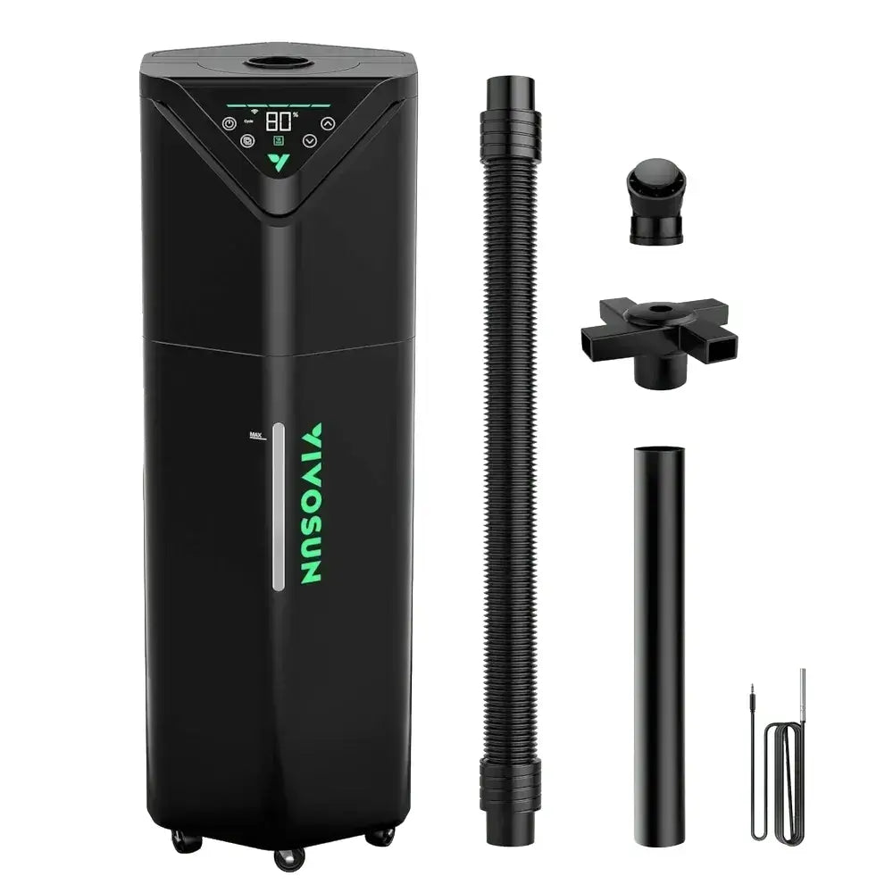 VIVOSUN AeroStream H19 smart humidifier, black, with digital display, wheels, hose, tubes, nozzle, diffuser, and probe.