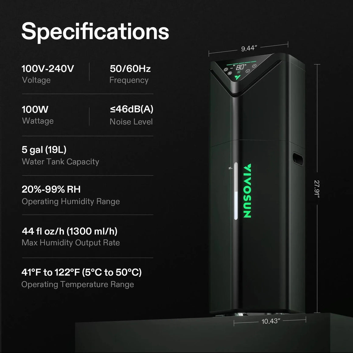 Black VIVOSUN AeroStream H19 Humidifier with green logo, dimensions (9.44"W x 27.91"H x 10.43"D), and full specifications list.