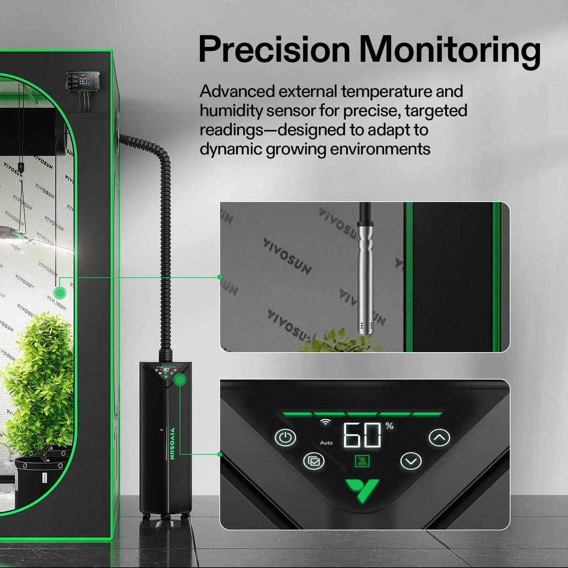 VIVOSUN AeroStream H19 humidifier & external sensor for precision monitoring in a grow tent, showing 60% humidity.