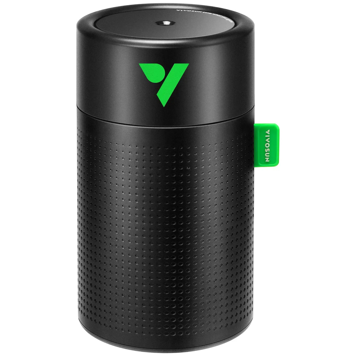 Black VIVOSUN cylindrical humidifier featuring a dotted texture, bright green VIVOSUN logo, and a prominent side tag.