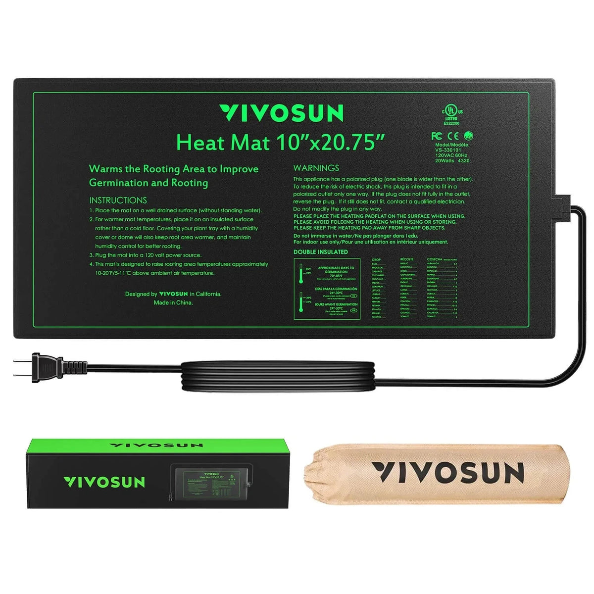 VIVOSUN 10x20.75 seedling heat mat, black with green text, power cord, branded box, and beige VIVOSUN storage bag.