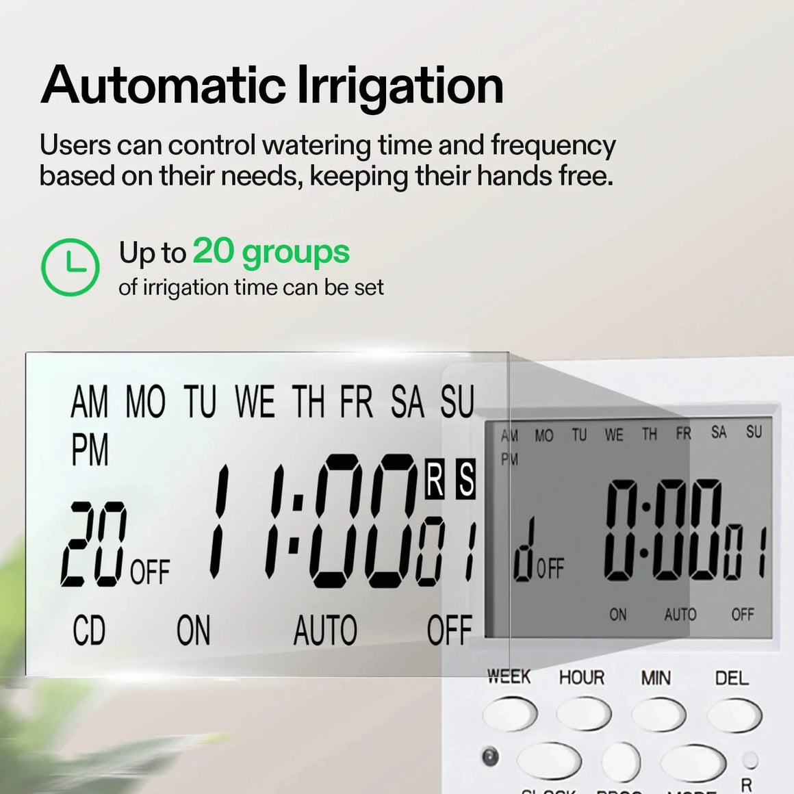Automatic irrigation system with digital timer display showing '11:00', schedule settings, and control buttons. Up to 20 groups.
