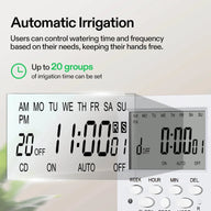 Automatic irrigation system with digital timer display showing '11:00', schedule settings, and control buttons. Up to 20 groups.