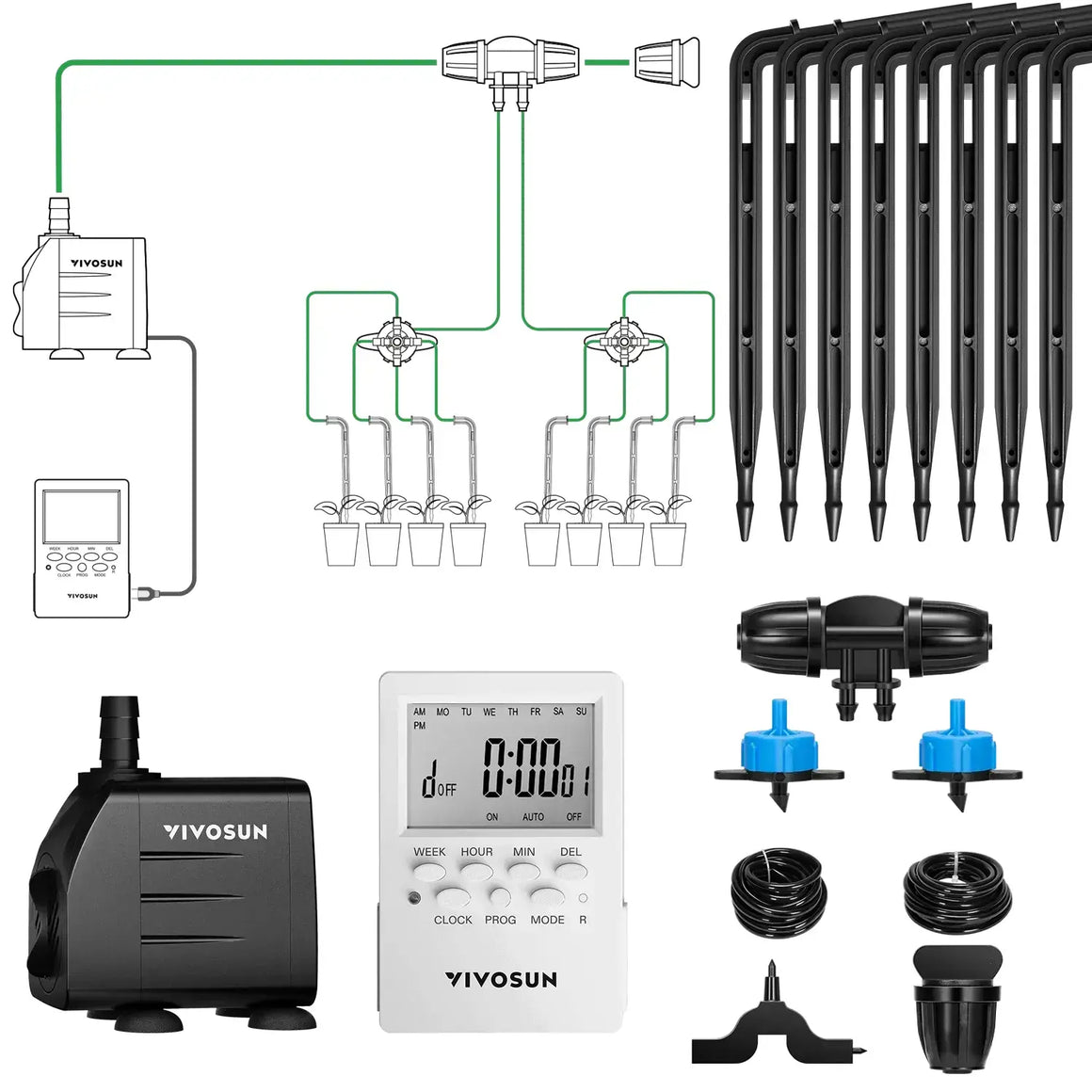 VIVOSUN automatic drip irrigation kit with pump, digital timer, tubing, splitters, and plant watering emitters.